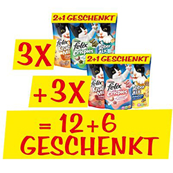 KNALLER: Felix Snack Bundle 12 + 6 gratis (18 Packungen Leckerlis, insgesamt 990 g) für 5,99 €! felix snack bundle 12 6 gratis futterplatz