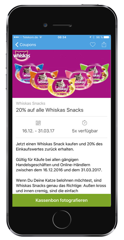 20 prozent cashback auf whiskas snacks coupies smartphone