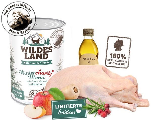 wildes land nassfutter wintercharity menue mit gans pute und wildkraeutern 400g zutaten e1485334760174