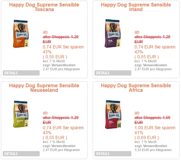 300 g Happy Dog Hunde-Trockenfutter für 0,67 € bei Rinderohr.de (somit 28,40 € für 12,6 kg – VGP: 35,15 €) 2 happy dog probierbeutel angebote rinderohr