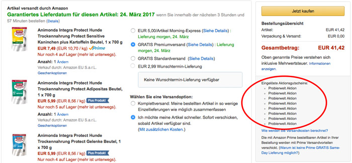 amazon probierwelt aktion hinweis warenkorb