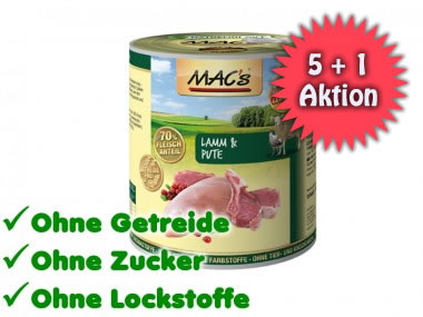 5 + 1 gratis bei Katzenkontor auf MAC’s (800 g), GranataPet (400 g) & Catz finefood (200 g) + bis 4% Rabatt on top macs 800 5 1 gratis aktion katzenkontor