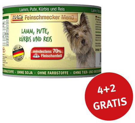 macs dog feinschmecker menue lamm pute 4 plus 2 gratis