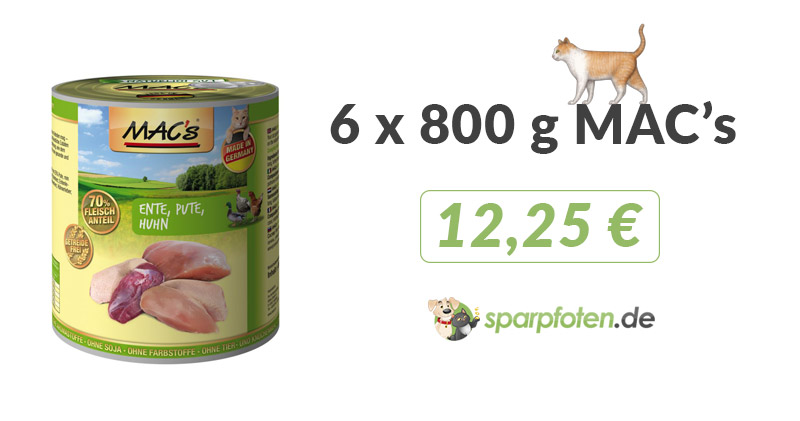 5 + 1 gratis auf 800 g-Dosen MAC’s Cat (alle Sorten) = 12,25 € für 6 Dosen + 2/4% Rabatt on top bei Katzenkontor katzenkontor macs 5 1 gratis april 18