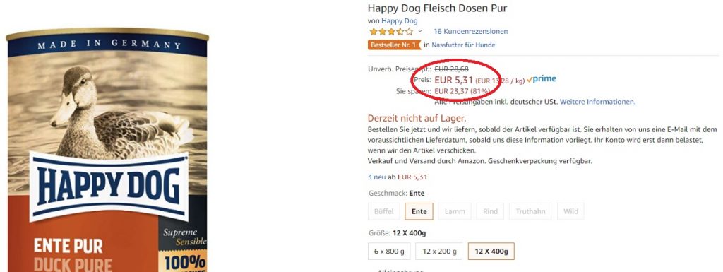 happy dog fleisch pur ente 400 g amazon preis